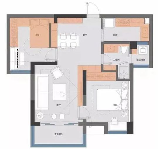 77平現(xiàn)代風，灰色調(diào)的空間，用橙色點綴好看極了！